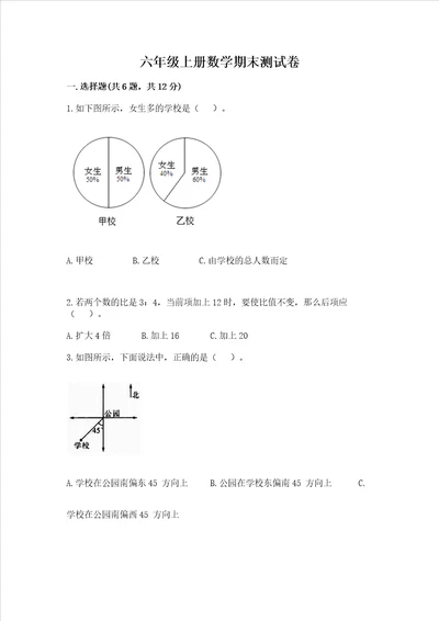 六年级上册数学期末测试卷含完整答案全国通用