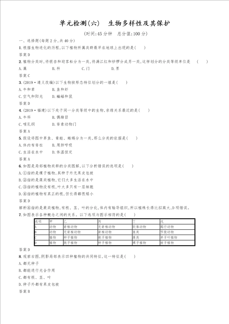 甘肃省中考生物总复习单元检测六