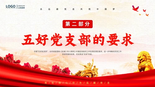 红色复古简约大气红绸五好党支部党政党建党课动态PPT