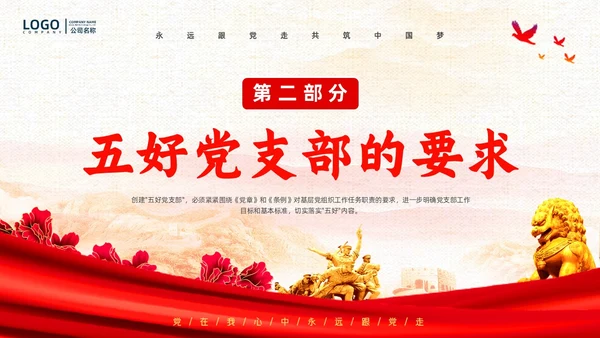 红色复古简约大气红绸五好党支部党政党建党课动态PPT