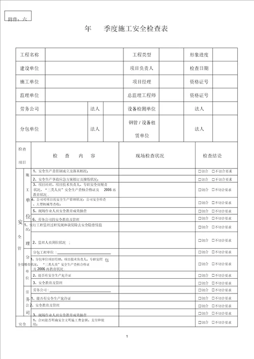 季度施工安全检查表
