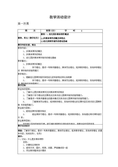 幼儿园多媒体课件制作教案电子教案完整版授课教案整本书教案电子讲义