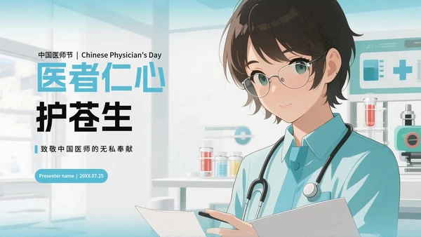 蓝色手绘卡通风医疗中国医师节节日科普PPT模板