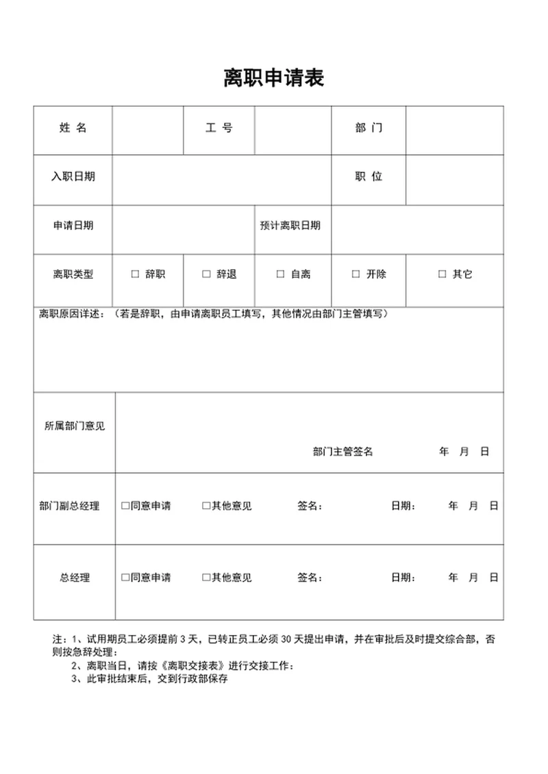 公司员工离职申请表员工离职表word表格