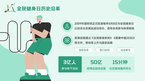 绿色插画风全民健身日：运动强身健康你我活动宣传PPT模板