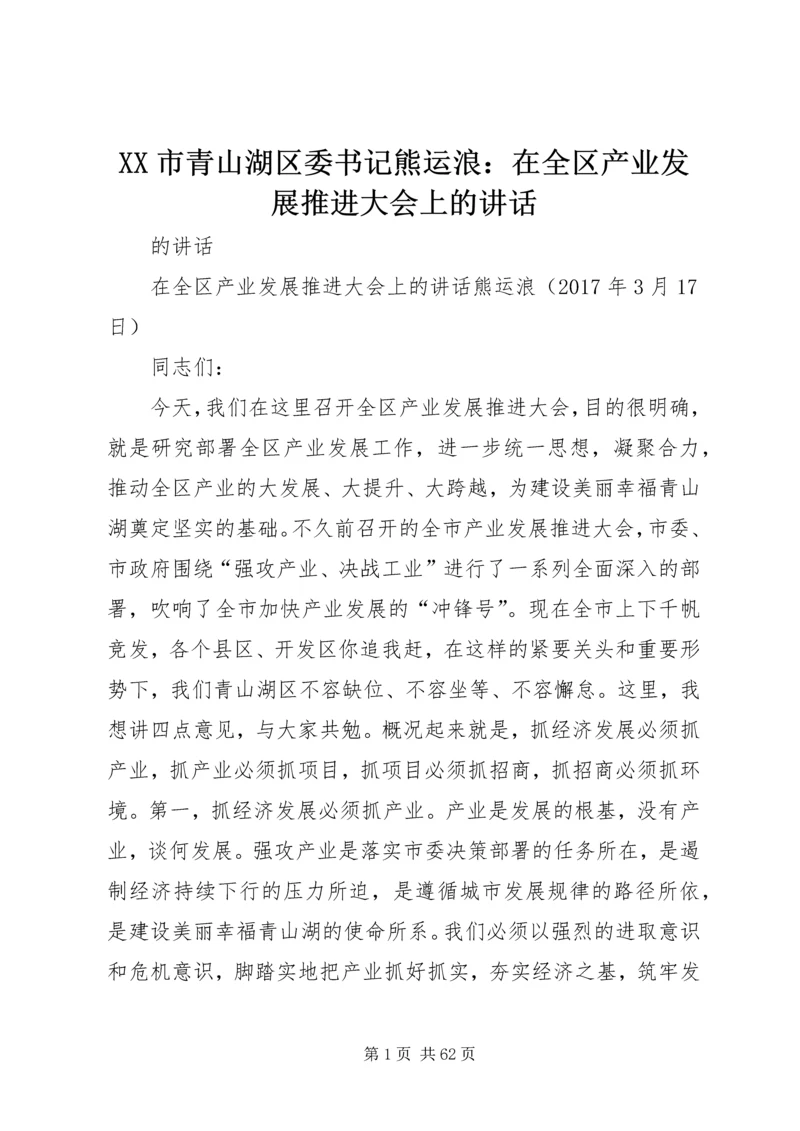 XX市青山湖区委书记熊运浪：在全区产业发展推进大会上的讲话.docx