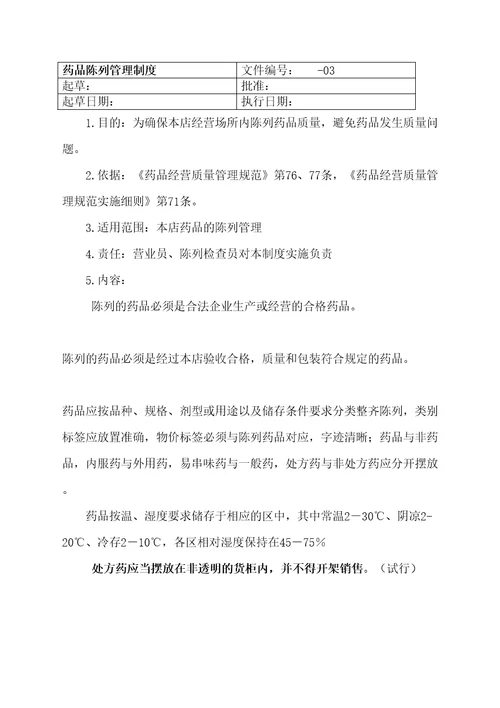 售药店药品陈列管理规定