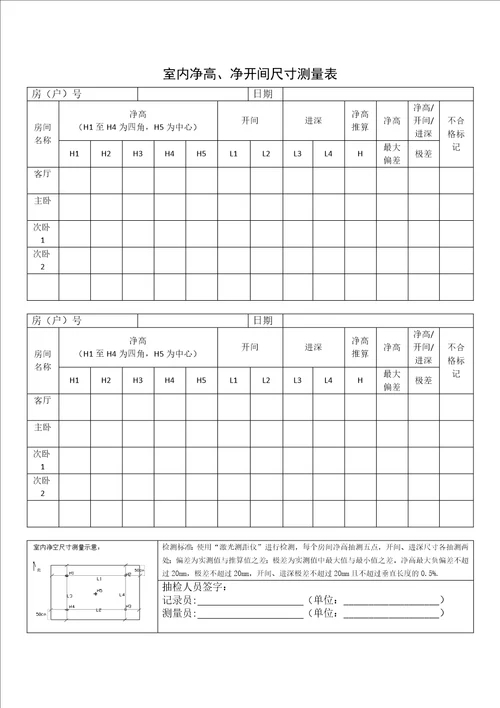 室内净高、净开间尺寸测量表共2页