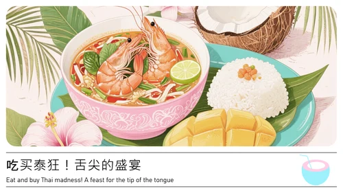 蓝粉色插画风泰国旅游攻略PPT模板
