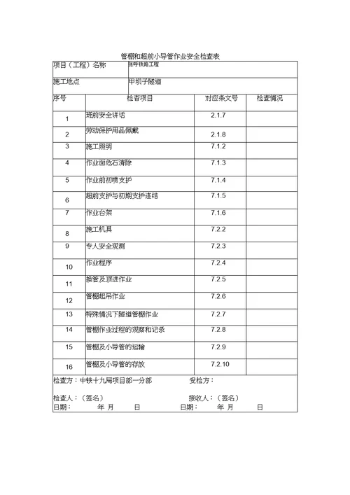 2019年整理隧道安全检查表