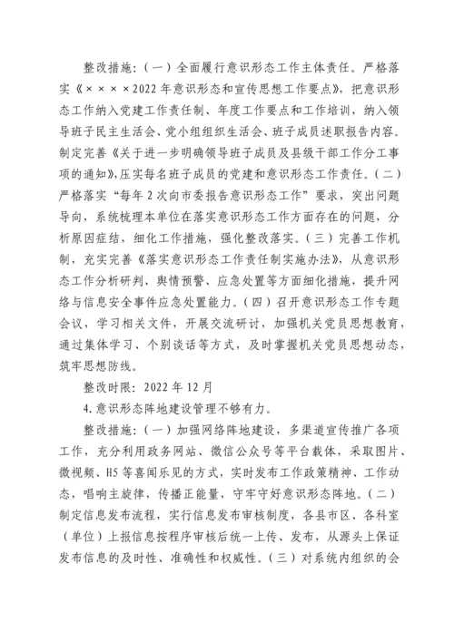 市委巡察意识形态工作责任制专项检查发现问题整改工作方案.docx
