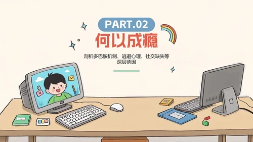米色卡通插画风杜绝网瘾主题班会PPT模板