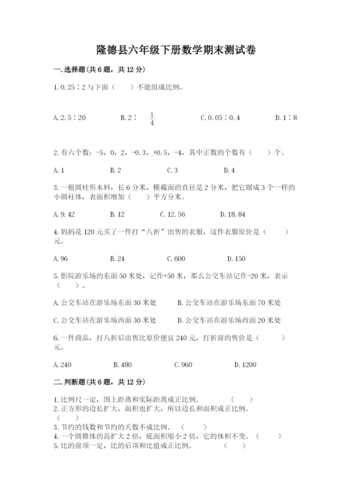 隆德县六年级下册数学期末测试卷（典优）.docx