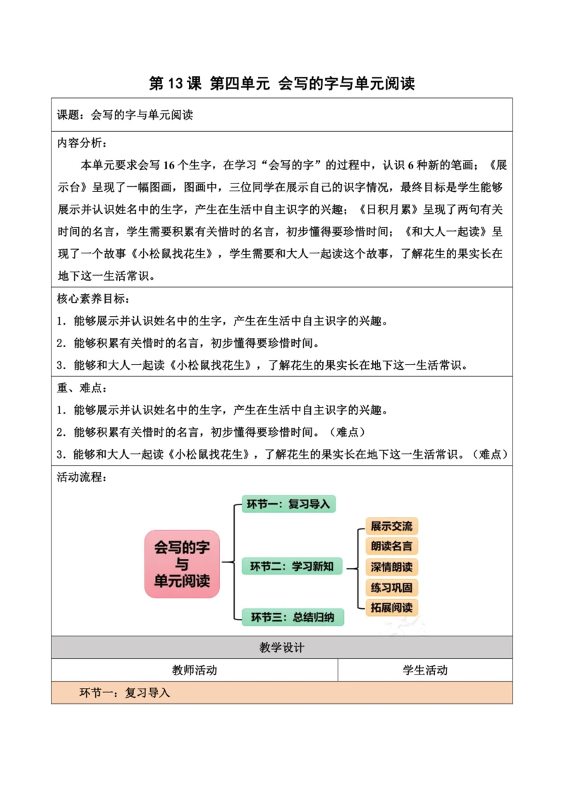 部编1A 第4单元 第13课 会写的字与单元阅读 教学设计