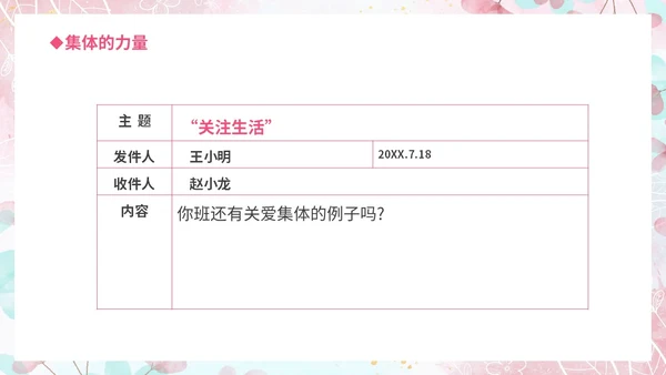 温馨粉色手绘中小学承担关爱集体的责任培训课件PPT