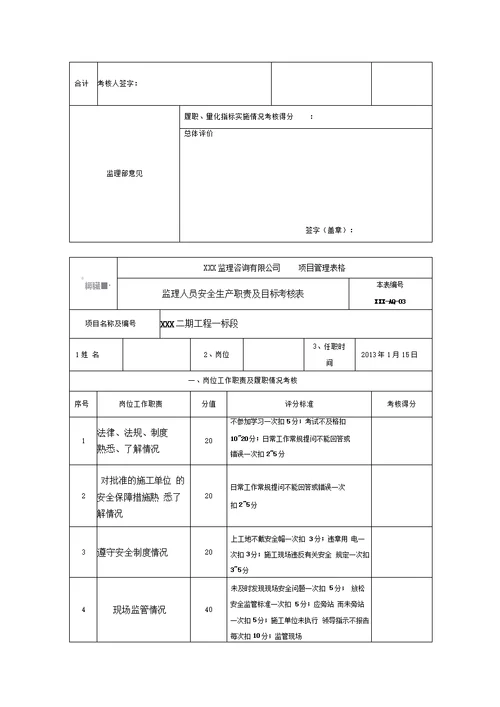 监理人员安全生产责任目标考核办法