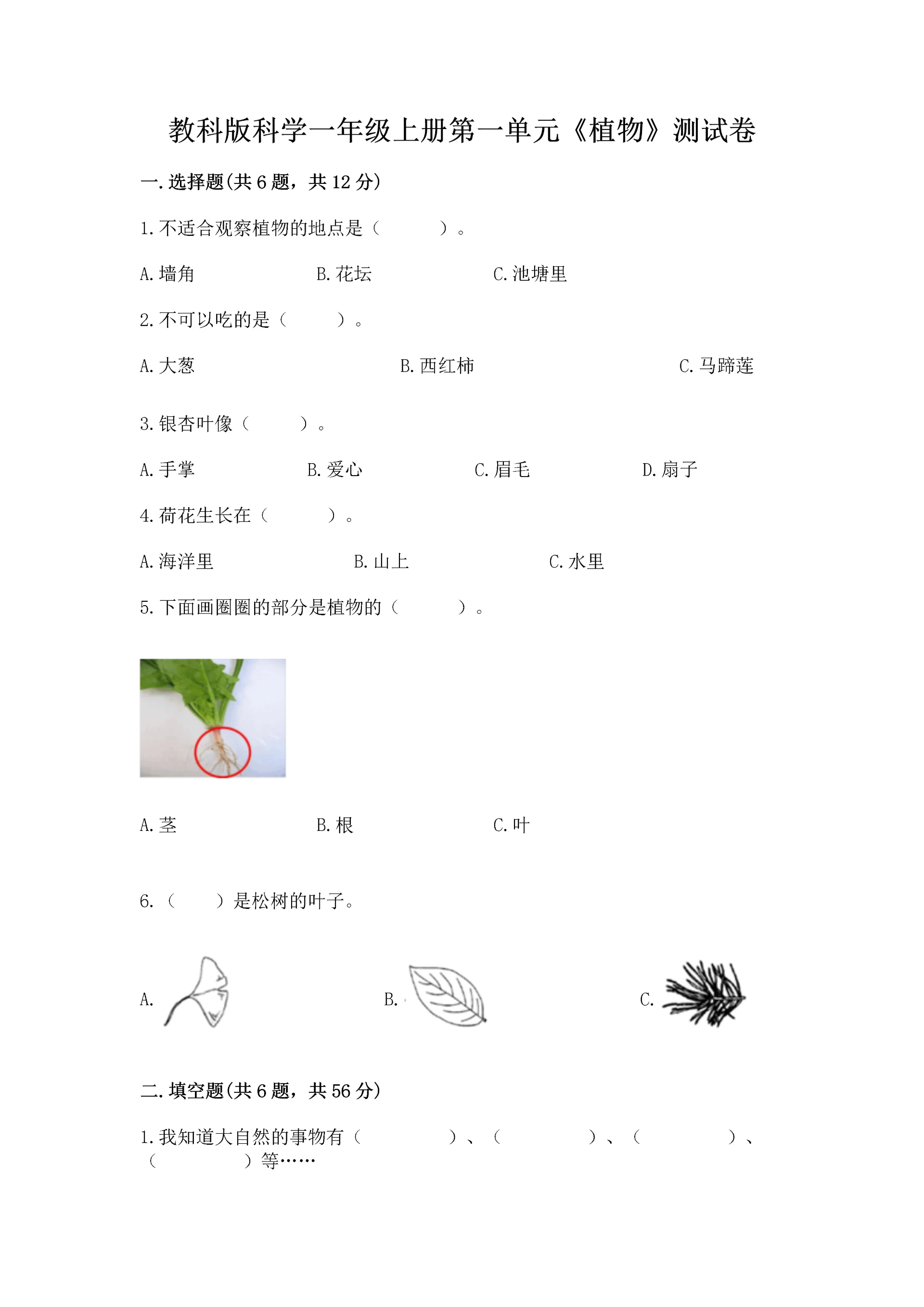 教科版科学一年级上册第一单元《植物》测试卷附完整答案(网校专用).docx