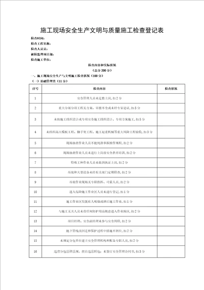 施工现场安全生产文明与质量施工检查记录表模板