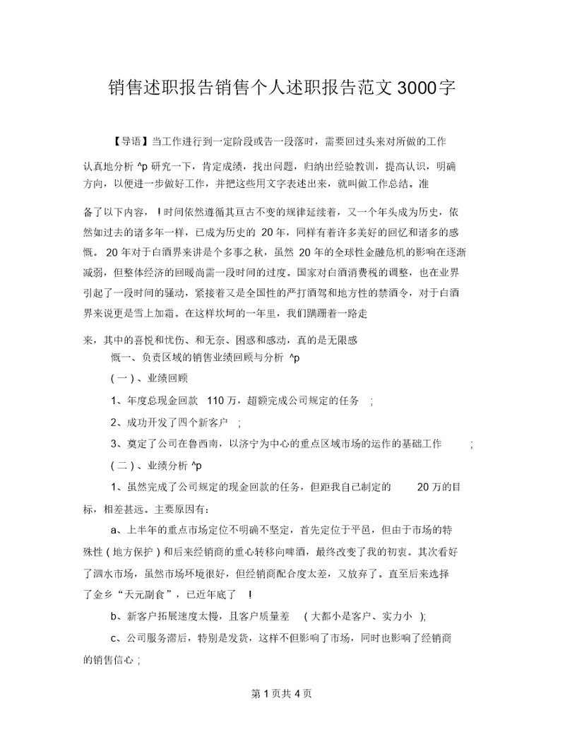 销售述职报告销售个人述职报告范文3000字