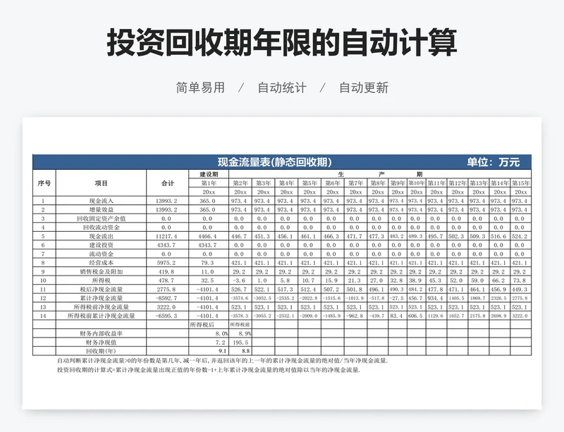 投资回收期年限的自动计算