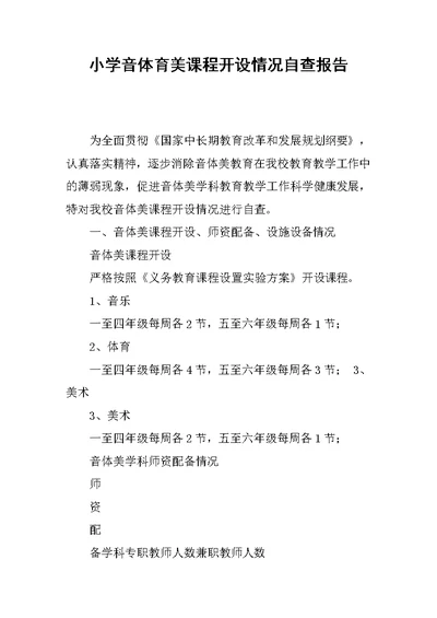 小学音体育美课程开设情况自查报告