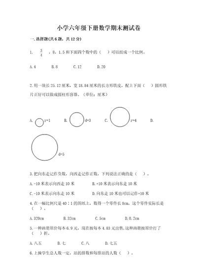 小学六年级下册数学期末测试卷附答案基础题