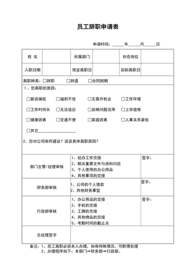 员工辞职申请表