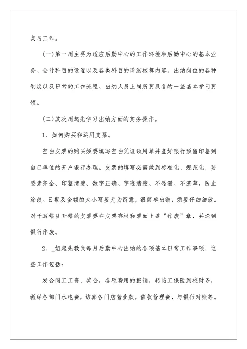 出纳毕业个人实习报告模板2022
