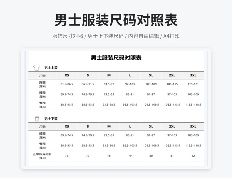 男士服饰尺码对照表