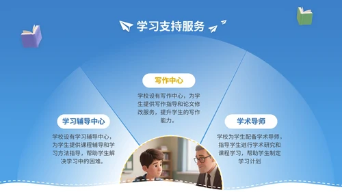 蓝黄色3D立体风9月开学季新生入学教育讲座PPT模版