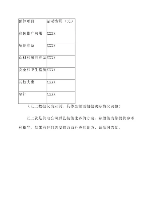 供电公司厨艺技能比赛方案