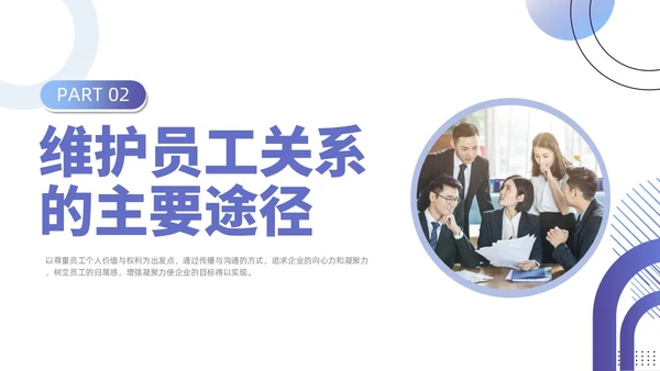 紫色蓝色渐变商务简约风员工关系维护企业管理人力资源培训PPT
