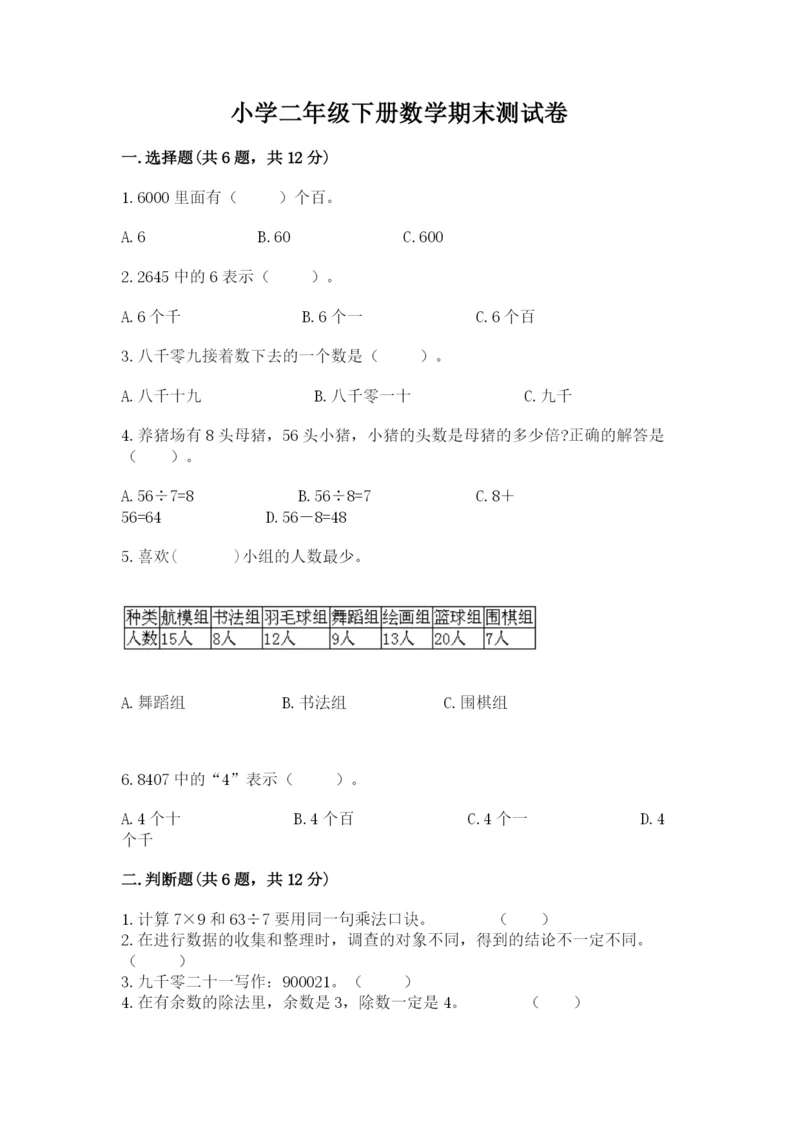 小学二年级下册数学期末测试卷及参考答案【综合题】.docx