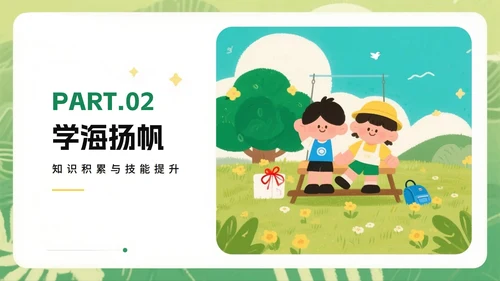 绿色可爱卡通手绘插画风小学生我的暑假生活PPT模板