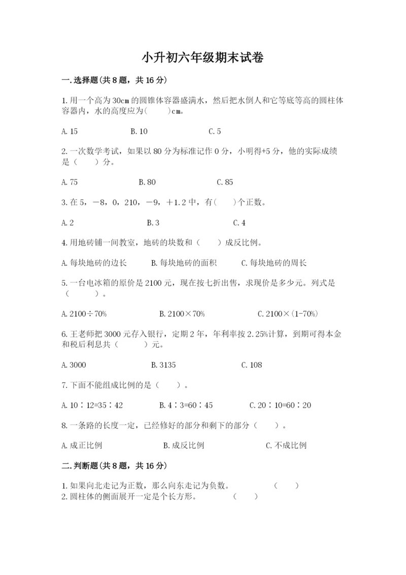 小升初六年级期末试卷精品（预热题）.docx