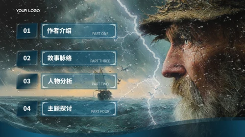 蓝色商务风【老人与海】读书分享ppt模板