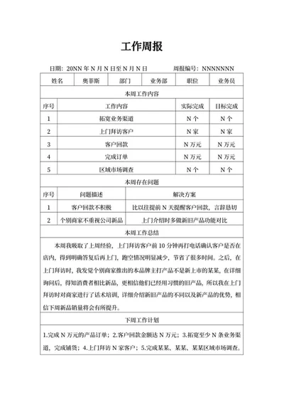 业务员工作周报word模板