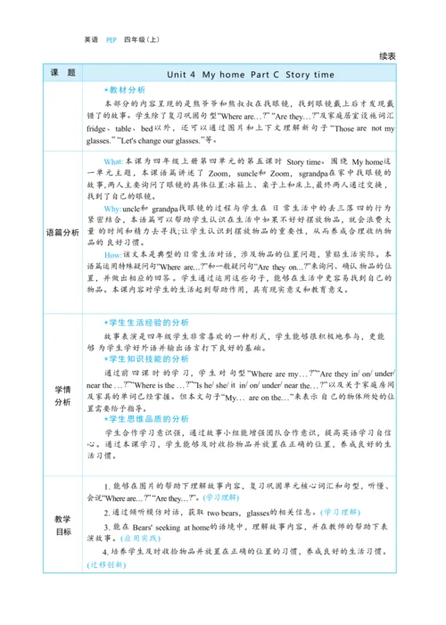 Unit 4 My home Part C Story time大单元整体教学设计(表格式）