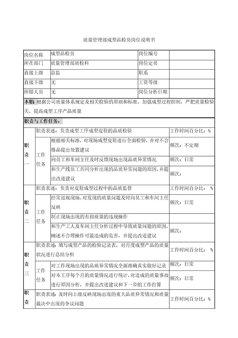 奥康集团质量管理部成型品检员岗位说明书