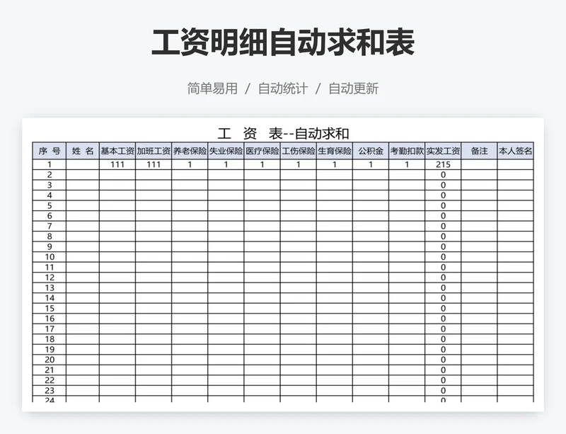 工资明细自动求和表