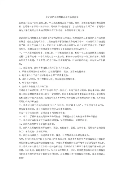 会计出纳试用期转正工作总结范文