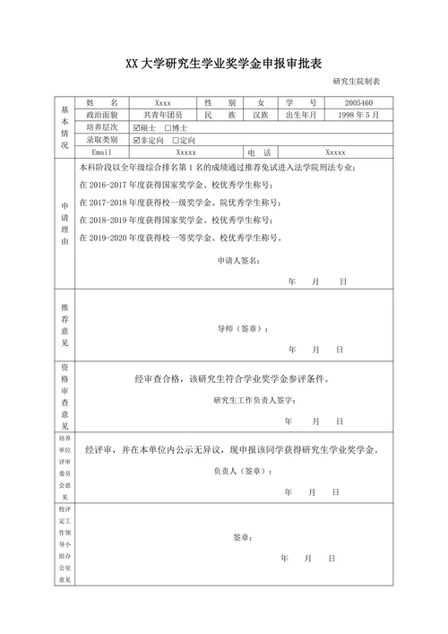 大学研究生学业奖学金申请表