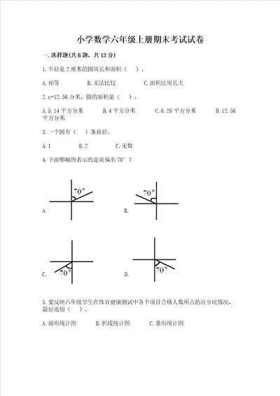 小学数学六年级上册期末考试试卷含答案名师推荐