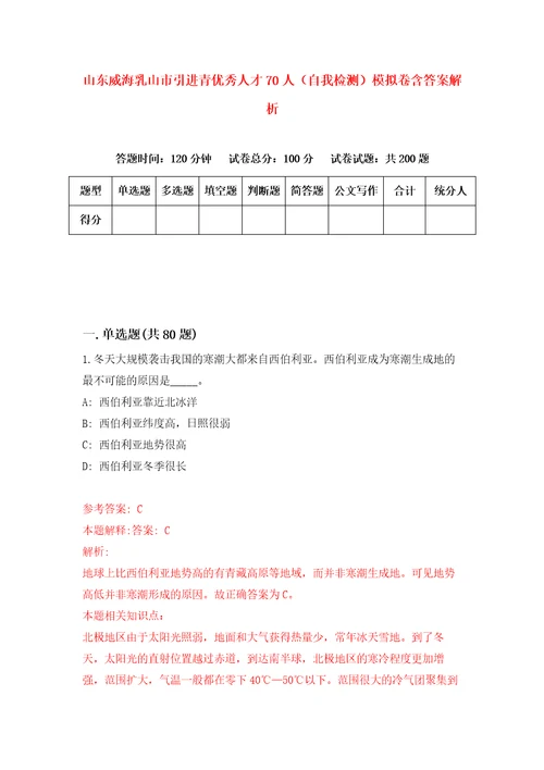 山东威海乳山市引进青优秀人才70人自我检测模拟卷含答案解析第0次