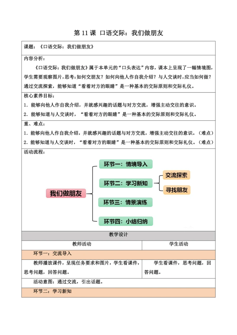 部编1A 第4单元 第11课 口语交际《我们做朋友》教学设计