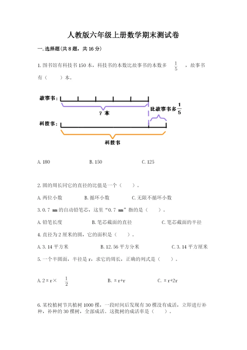 人教版六年级上册数学期末测试卷1套.docx