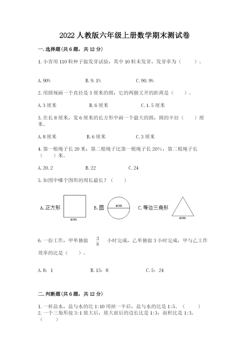 2022人教版六年级上册数学期末测试卷（综合卷）.docx