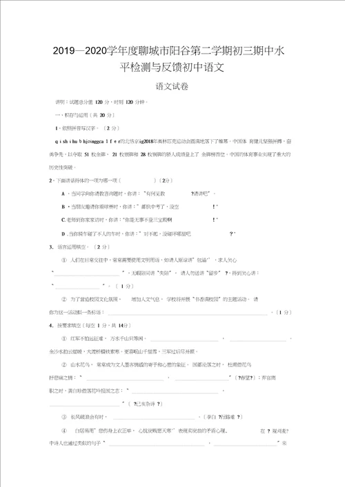 20192020学年度聊城市阳谷第二学期初三期中水平检测与反馈初中语文