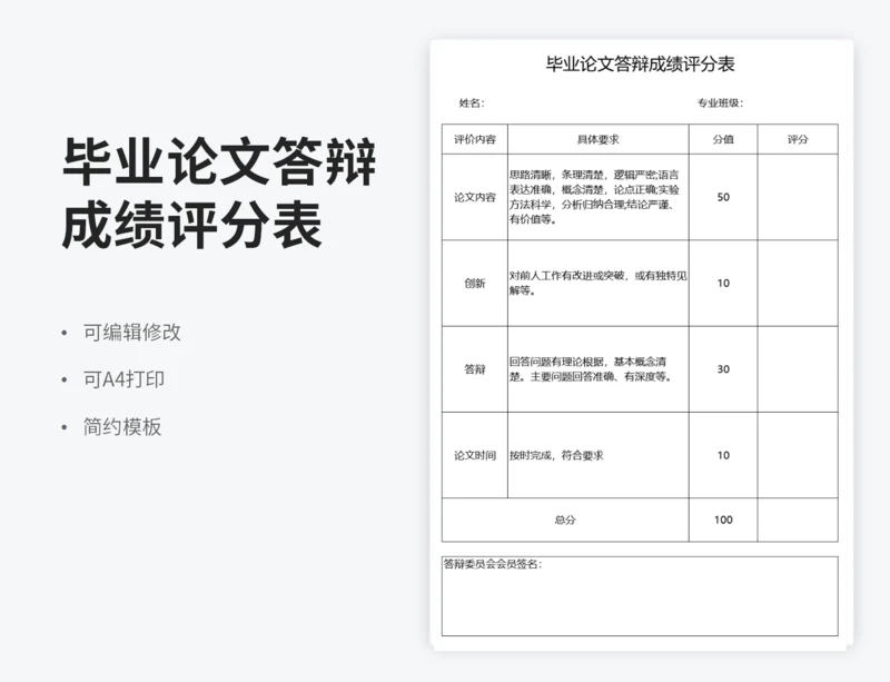 毕业论文答辩成绩评分表