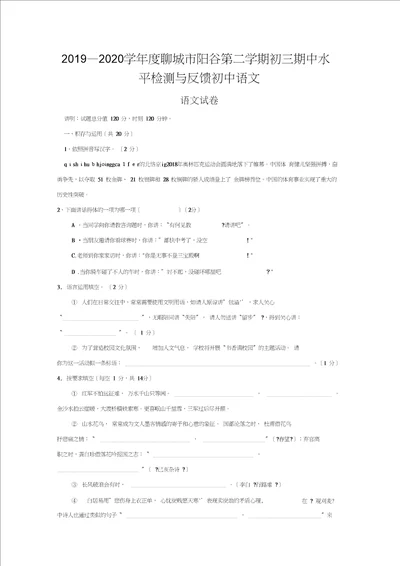 20192020学年度聊城市阳谷第二学期初三期中水平检测与反馈初中语文